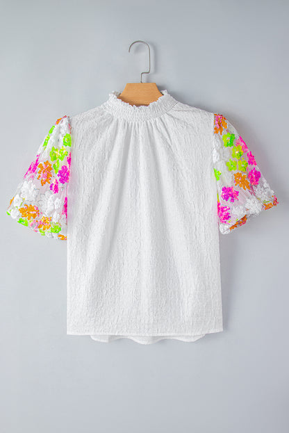 White Smocked Collar Sequin Flower Puff Sleeve Textured Top