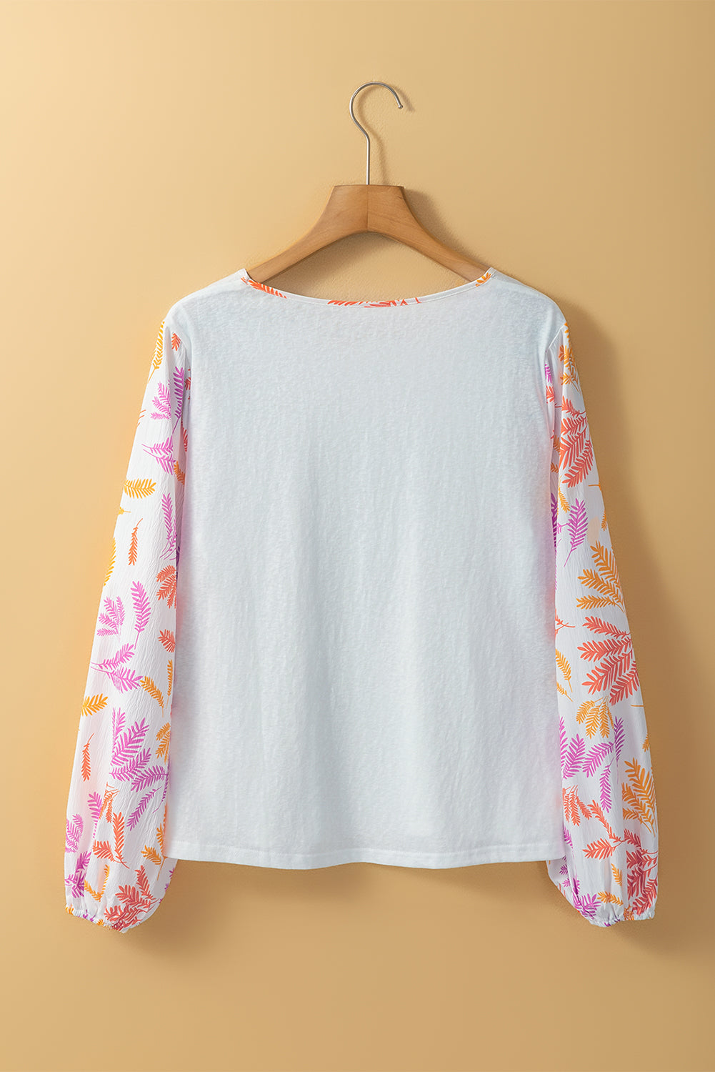 White Tropical Leaf Printed Patchwork Sleeve Round Neck Top