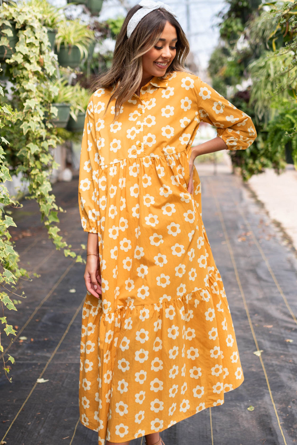 Yellow Flower Print Bracelet Sleeve Buttons Collared Maxi Dress