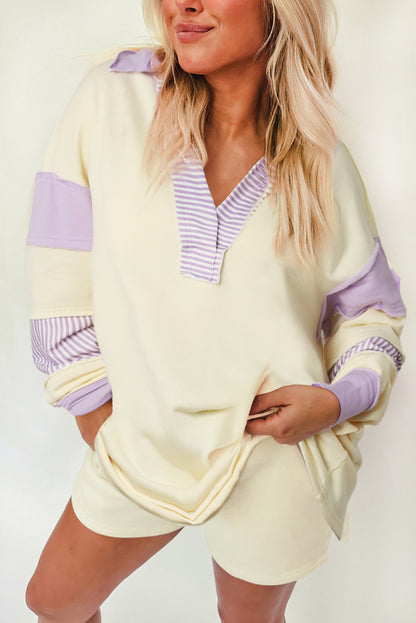 Yellow Colorblock Striped Split Neck Collared Sweatshirt