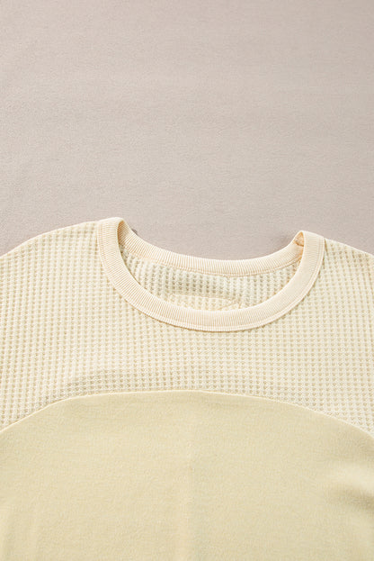 Beige Thermal Knit Patchwork Exposed Seam Long Sleeve Top