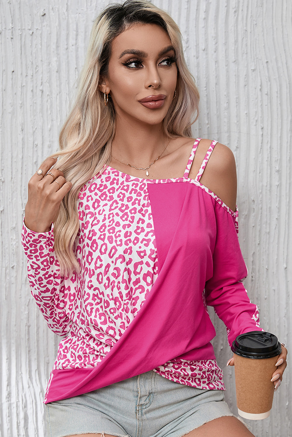 Rose Contrast Leopard Asymmetric Cold Shoulder Crossed Hem Top