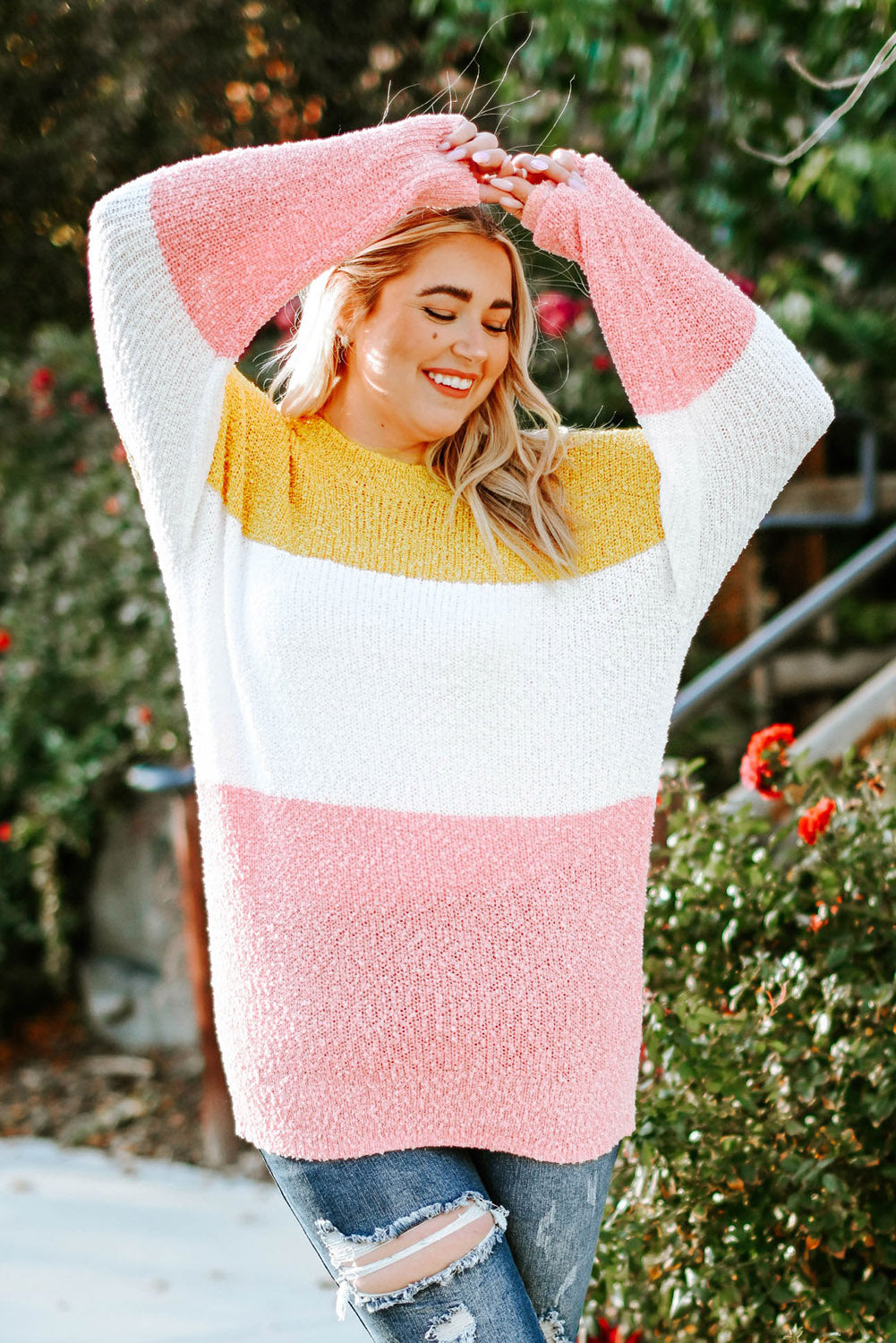 Yellow Colorblock Bubble Sleeve Plus Size Sweater