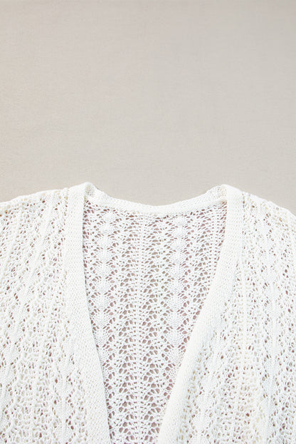 White Stylish Hollow Out Knit Drop Shoulder Cardigan