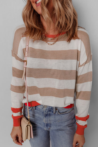 Apricot Colorblock Striped Round Neck Drop Shoulder Sweater