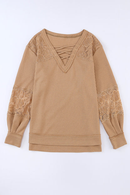 Apricot Lace Waffle Patchwork Strappy V Neck Long Sleeve Top