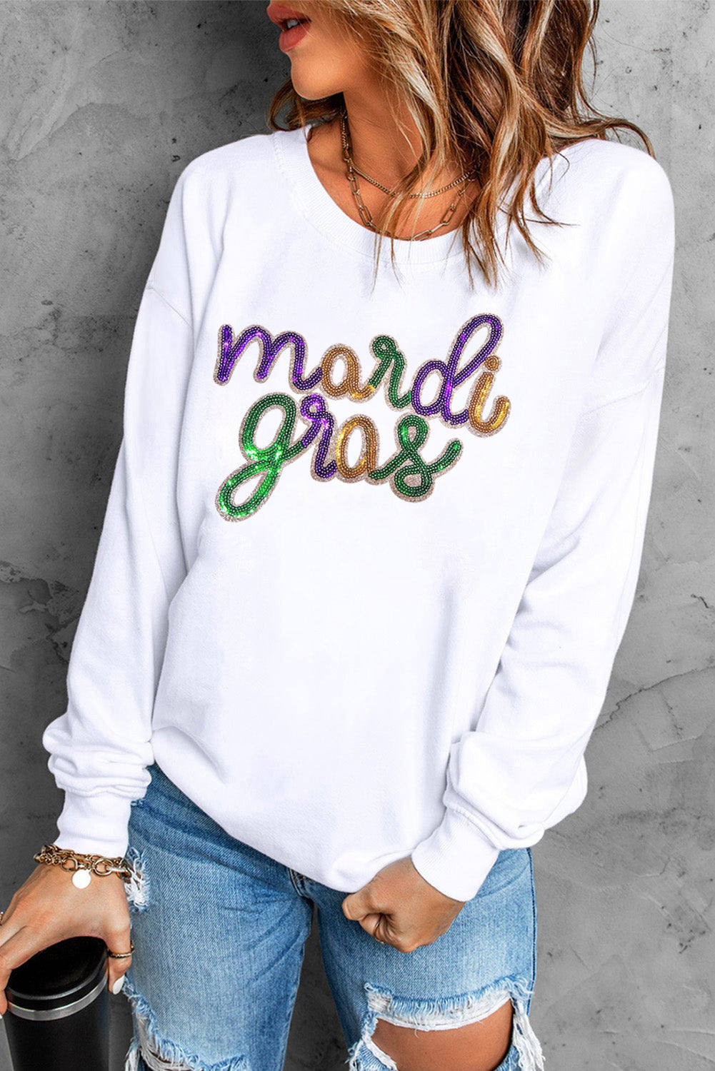 White Sequined mardi gras Graphic Crew Neck Drop Shoulder Sweatshirt