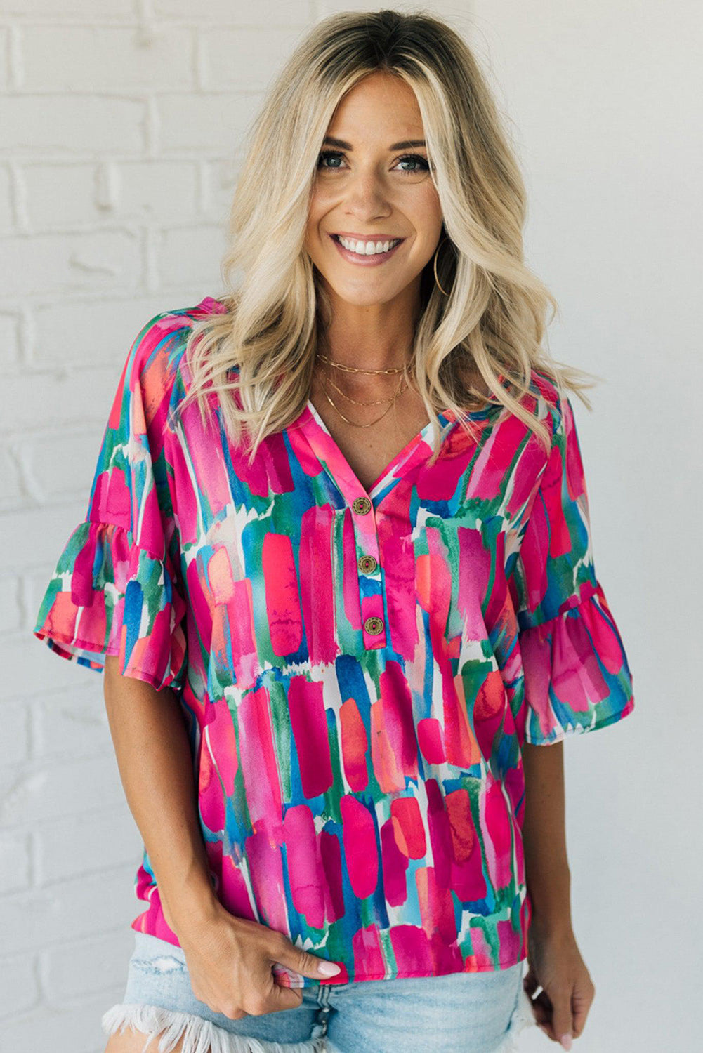 Rose Abstract Brushwork Print Buttoned V Neck Blouse