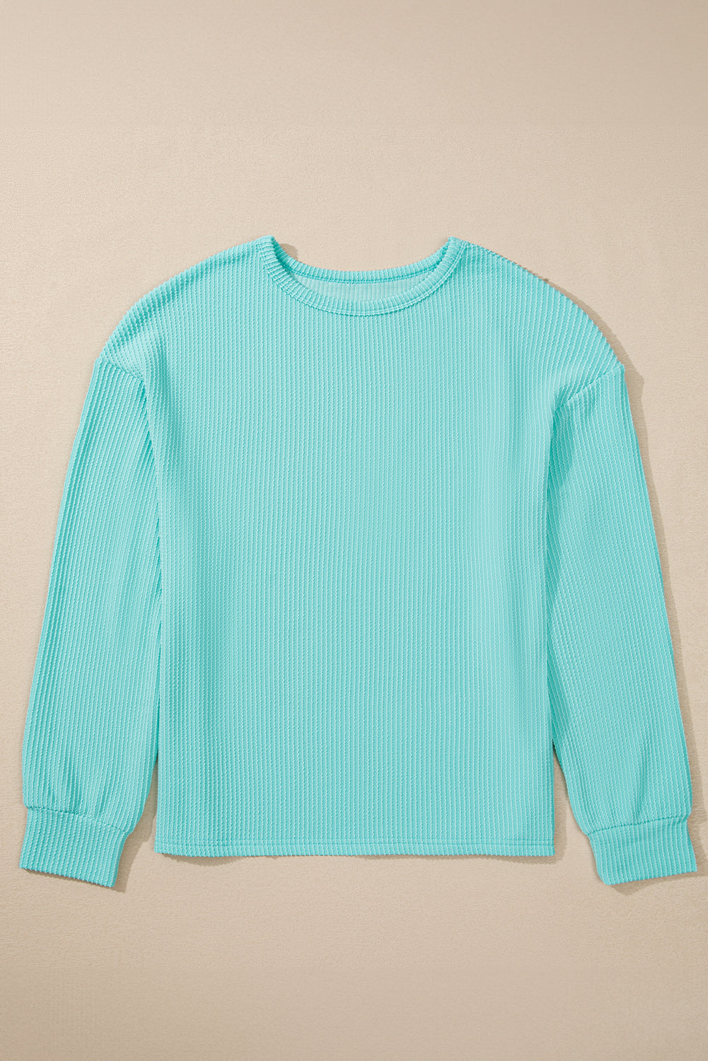 Aruba Blue Solid Color Corded Knit Round Neck Top