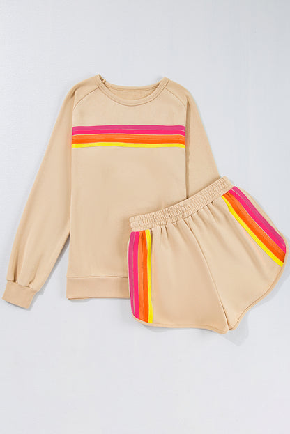 Apricot Striped Accent Pullover and Shorts Two Piece Casual Set