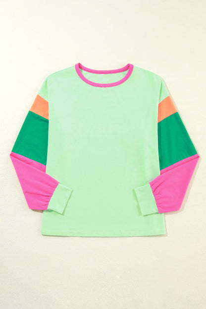 Green Colorblock Patchwork Long Sleeve Loose Top