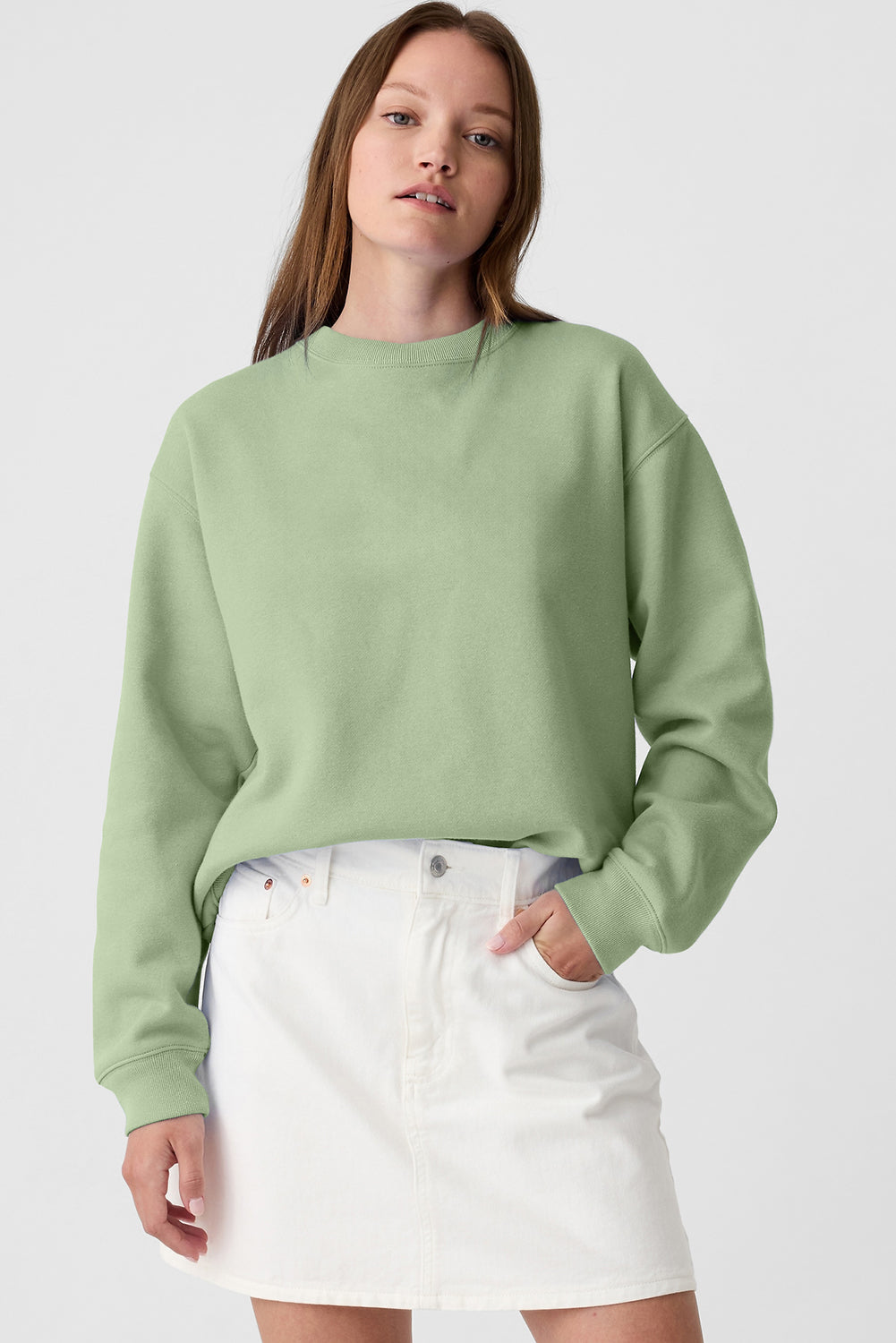 Smoke Green Plain Drop Shoulder Crewneck Pullover Sweatshirt