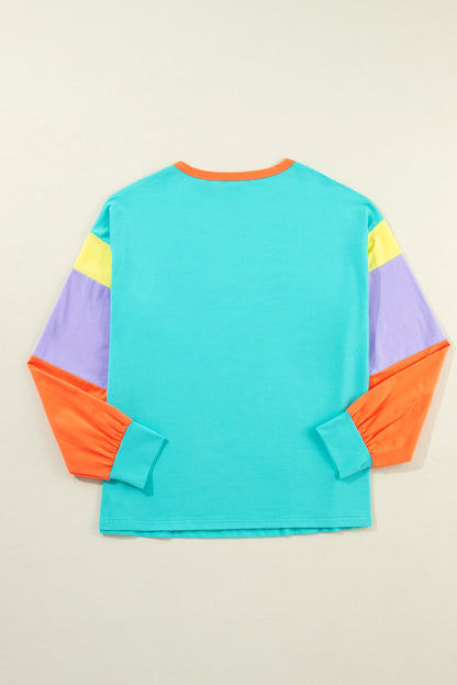 Light Blue Colorblock Patchwork Long Sleeve Loose Top