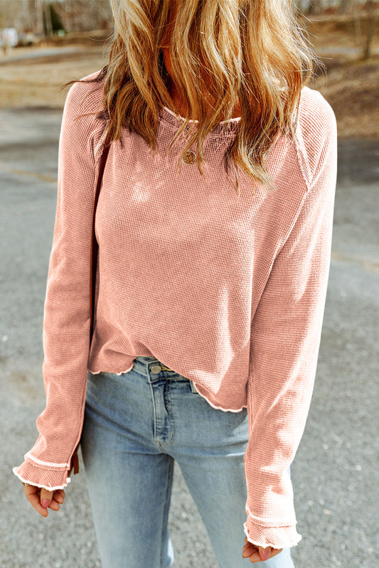 Apricot Pink Textured Round Neck Long Sleeve Top