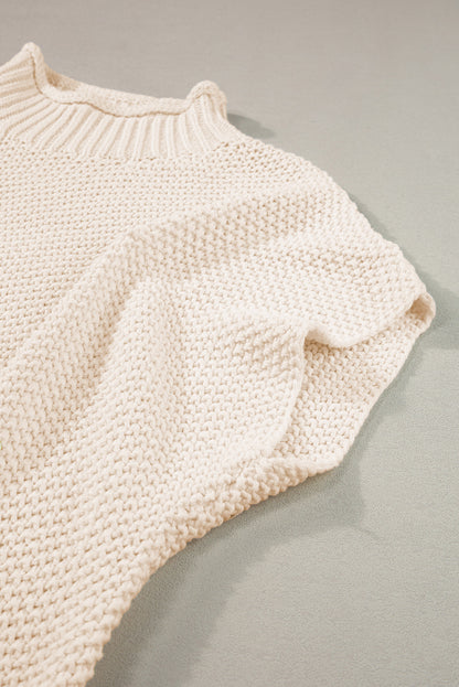 Beige High Neck Bat Short Sleeve Sweater