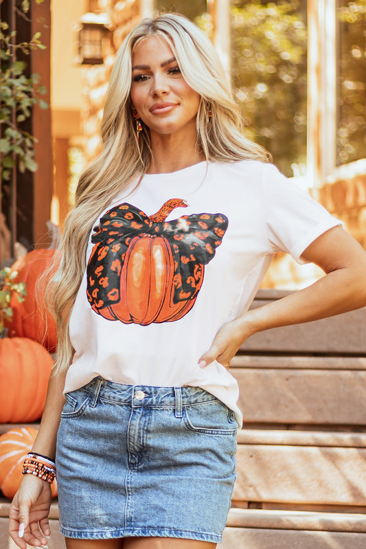 White Halloween Bowknot Pumpkin Graphic Crewneck T Shirt