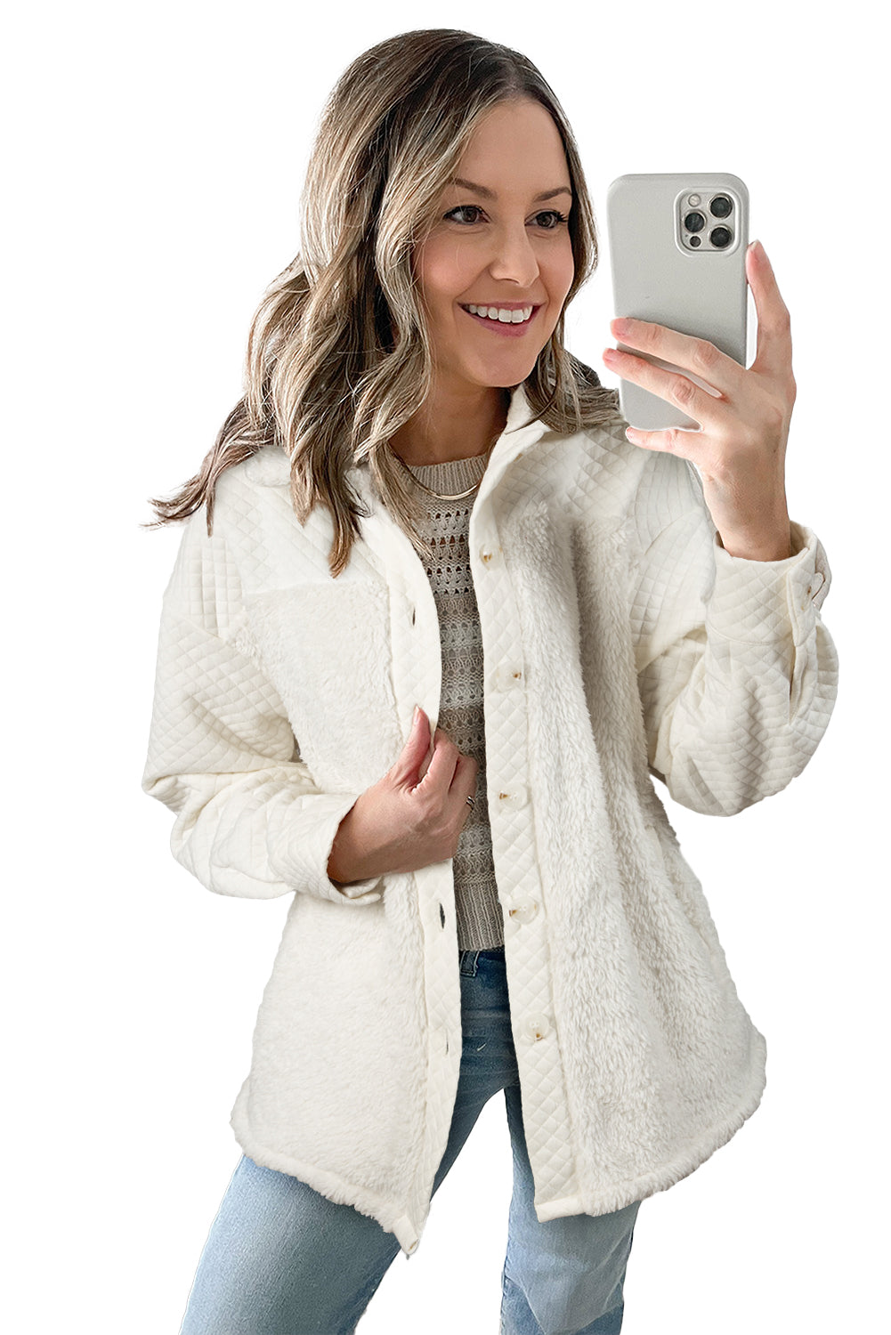 White Solid Color Quilted Sherpa Patchwork Button Up Shacket