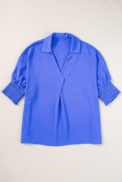 Dark Blue Boxy Collared Smocked Sleeve Cuffs Blouse