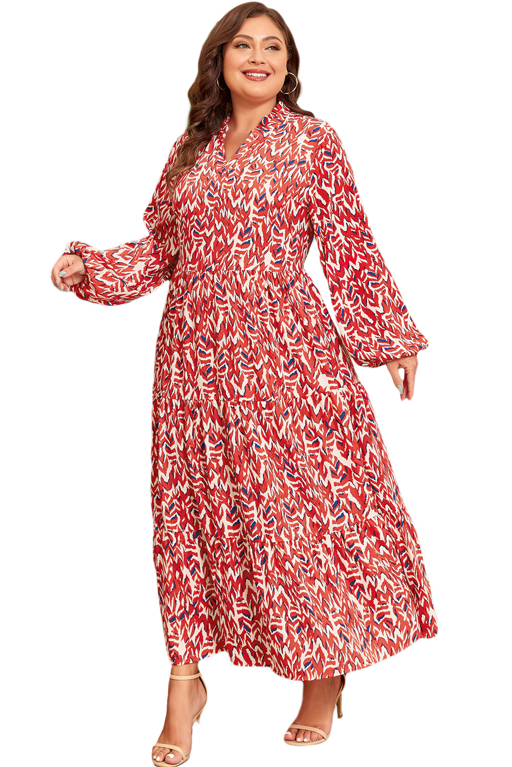 Red Plus Size Abstract Print Notch V Neck High Waist Maxi Dress