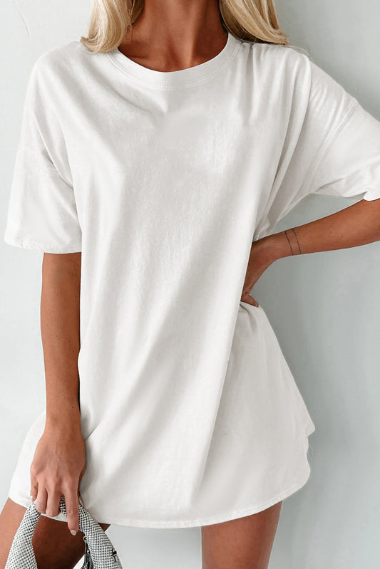 White Solid Color Round Neck Basic Tunic T Shirt