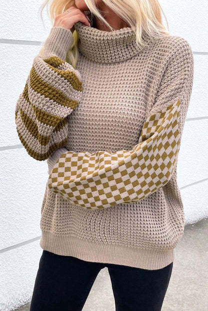 Smoke Gray Striped Plaid Patchwork Waffle Knit Turtleneck Sweater