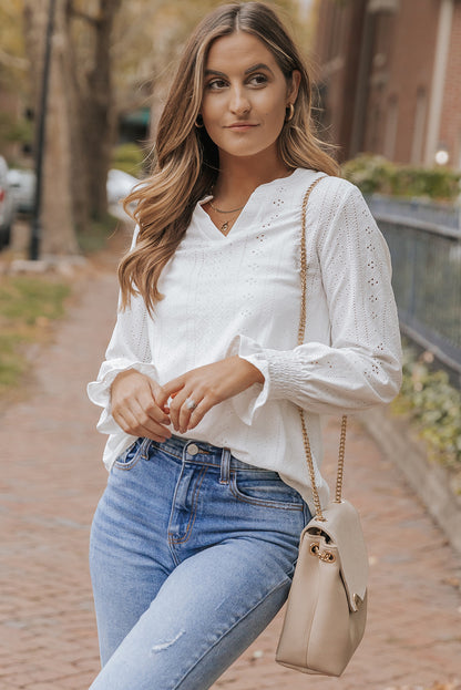 White Split Neck Textured Loose Blouse