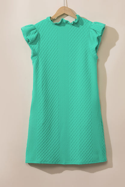 Sea Green Textured Puff Sleeve Ruffled V Neck Shift Mini Dress