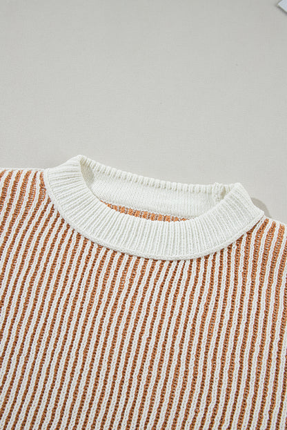 Chestnut Striped Textured Knit Contrast Edge Loose Sweater