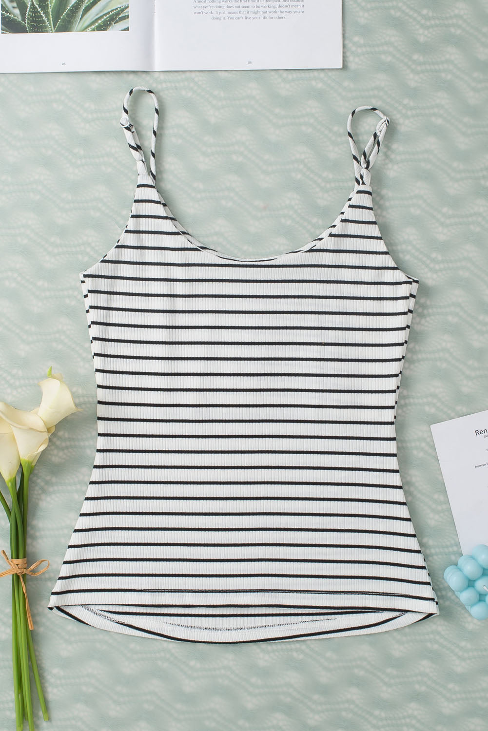 White Stripe Adjustable Straps Ribbed Knit Tank Top