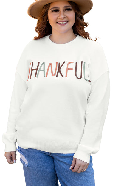 White Plus Size Thankful Ivory Embroidered Sweater