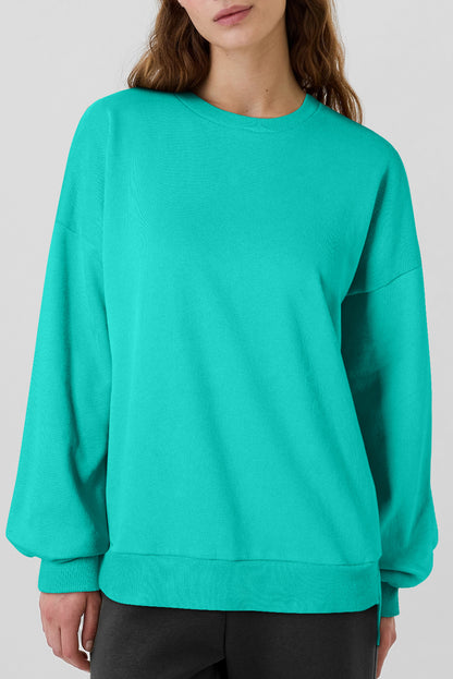 Sea Green Solid Fleece Lined Drop Shoulder High Low Sweatshirt