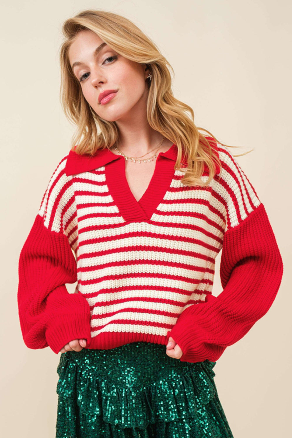 Red Stripe Lantern Sleeve V Neck Collared Drop Shoulder Sweater