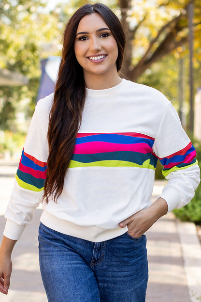 White Colorful Striped Accent Long Sleeve T Shirt