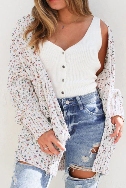 White Confetti Rib Knit Long Sleeve Cardigan