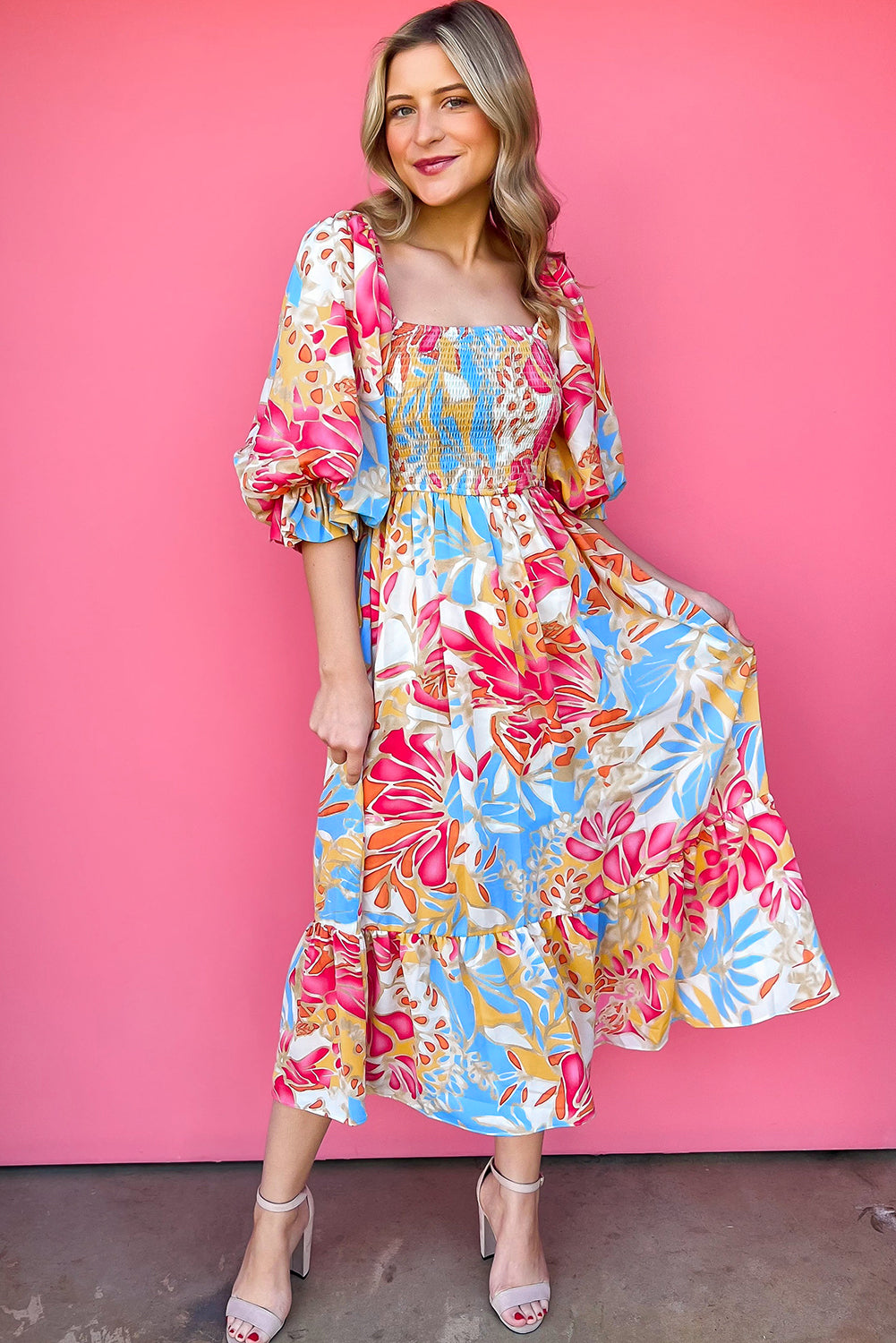 Rose Red Tropical Print Smocked Bodice Puff Sleeve Maxi Dress