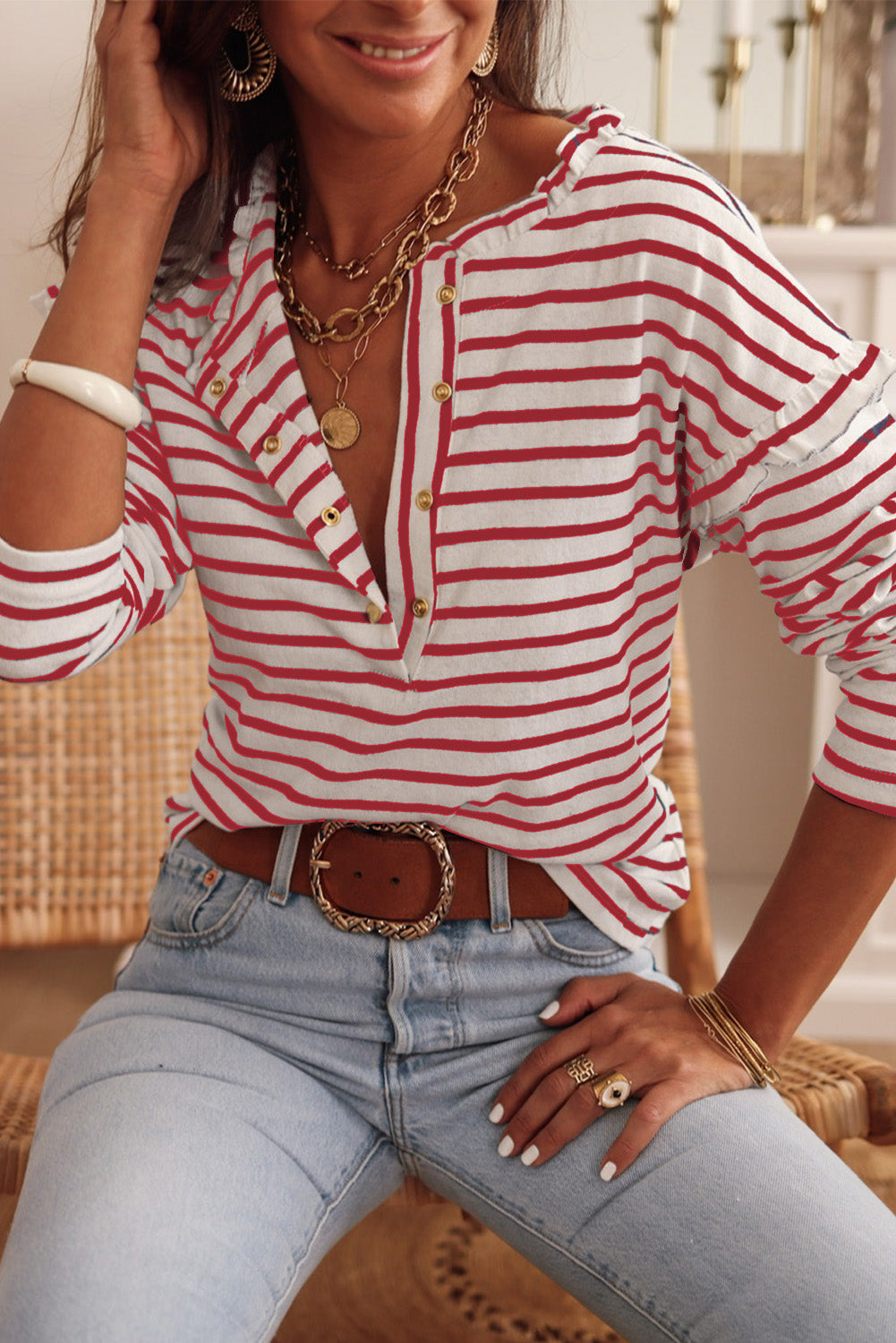 Red Striped Print Ruffled Buttoned Long Sleeve Top