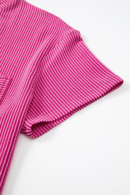 Pink Pocketed Knit T-Shirt - Loose Fit & Corded Design