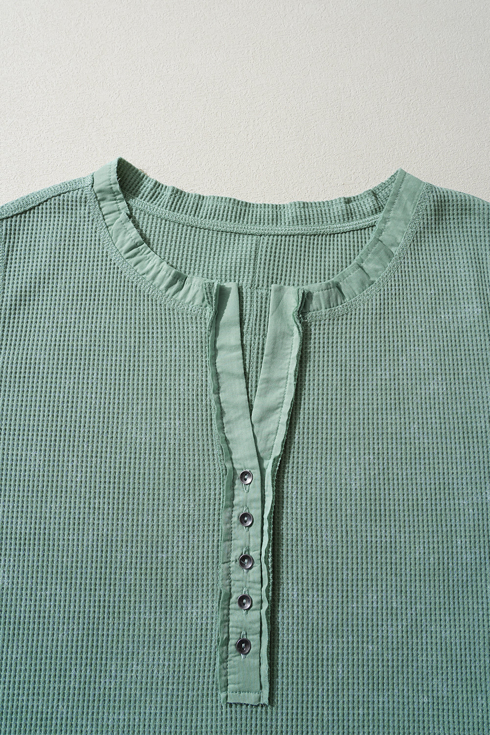 Smoke Green Acid Wash Waffle Knit Buttoned Neckline Long Sleeve Top