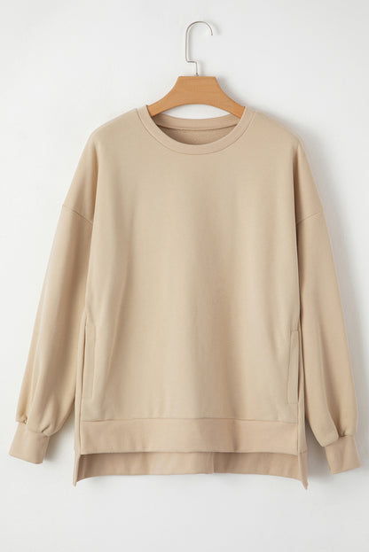 Apricot Solid Fleece Lined Drop Shoulder High Low Sweatshirt