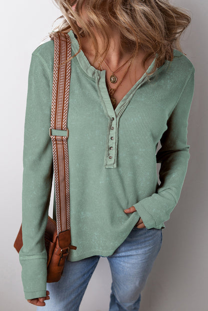 Smoke Green Acid Wash Waffle Knit Buttoned Neckline Long Sleeve Top