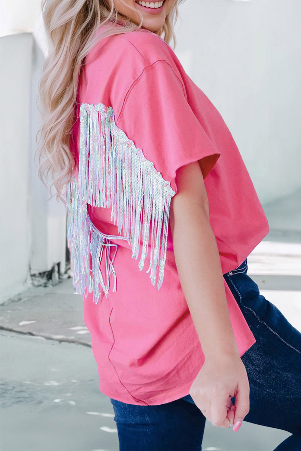 Rose Red Sequined Fringe Wing High-low Hem T-shirt