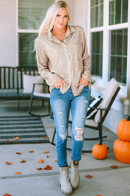 Apricot Sequin Collared Bust Pocket Buttoned Shirt