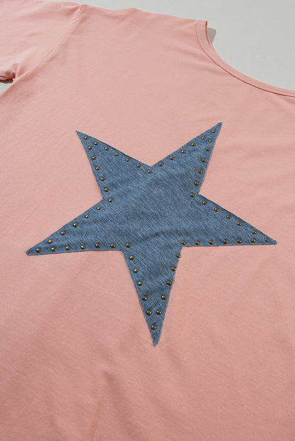 Apricot Pink Mineral Wash Studded Star Patch Graphic High Low Tee