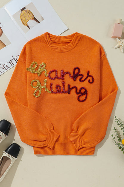 Russet Orange Thanksgiving Tinsel Drop Shoulder Crew Neck Sweater