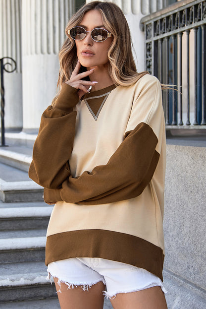 Apricot Color Block Thumbhole Sleeve Drop Shoulder Sweatshirt