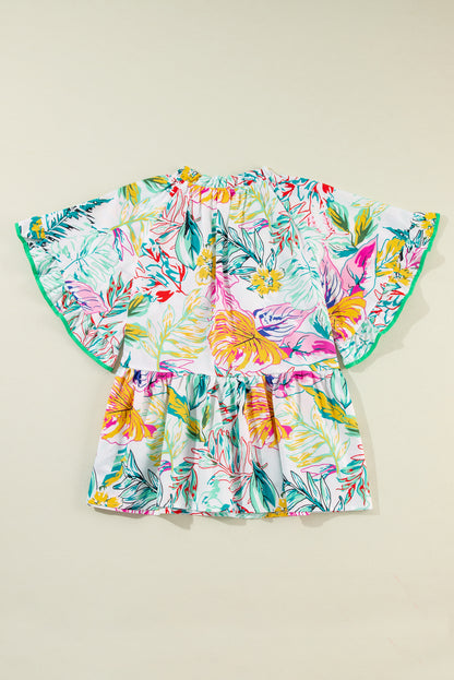 White Tropical Floral Print Ruffled Short Sleeve Blouse