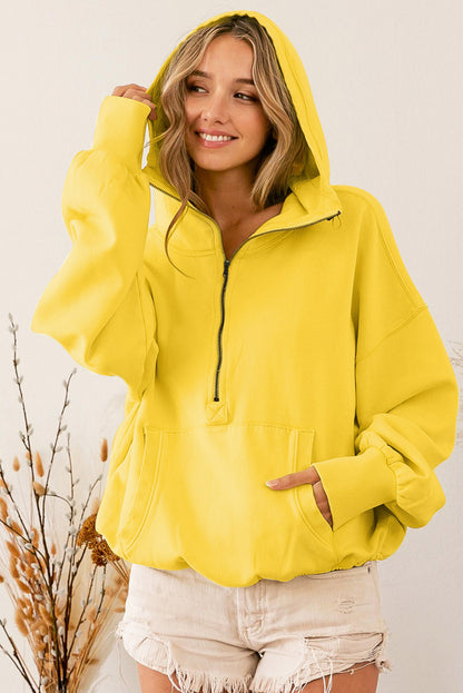 Yellow Ribbed Trim Kangaroo Pocket Zipped Hoodie