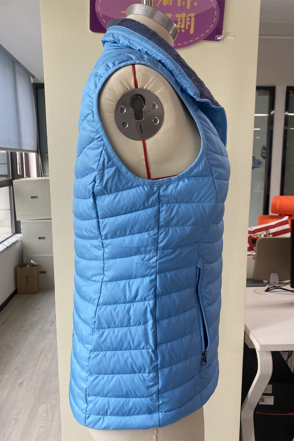 Sky Blue Plush Collared Quilted Zipped Puffer Vest