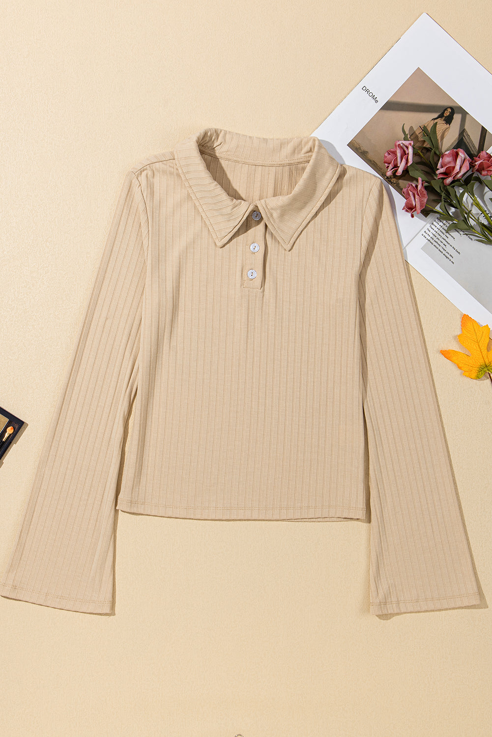 Beige Ribbed Buttoned Collar Long Sleeve Slim Fit Top