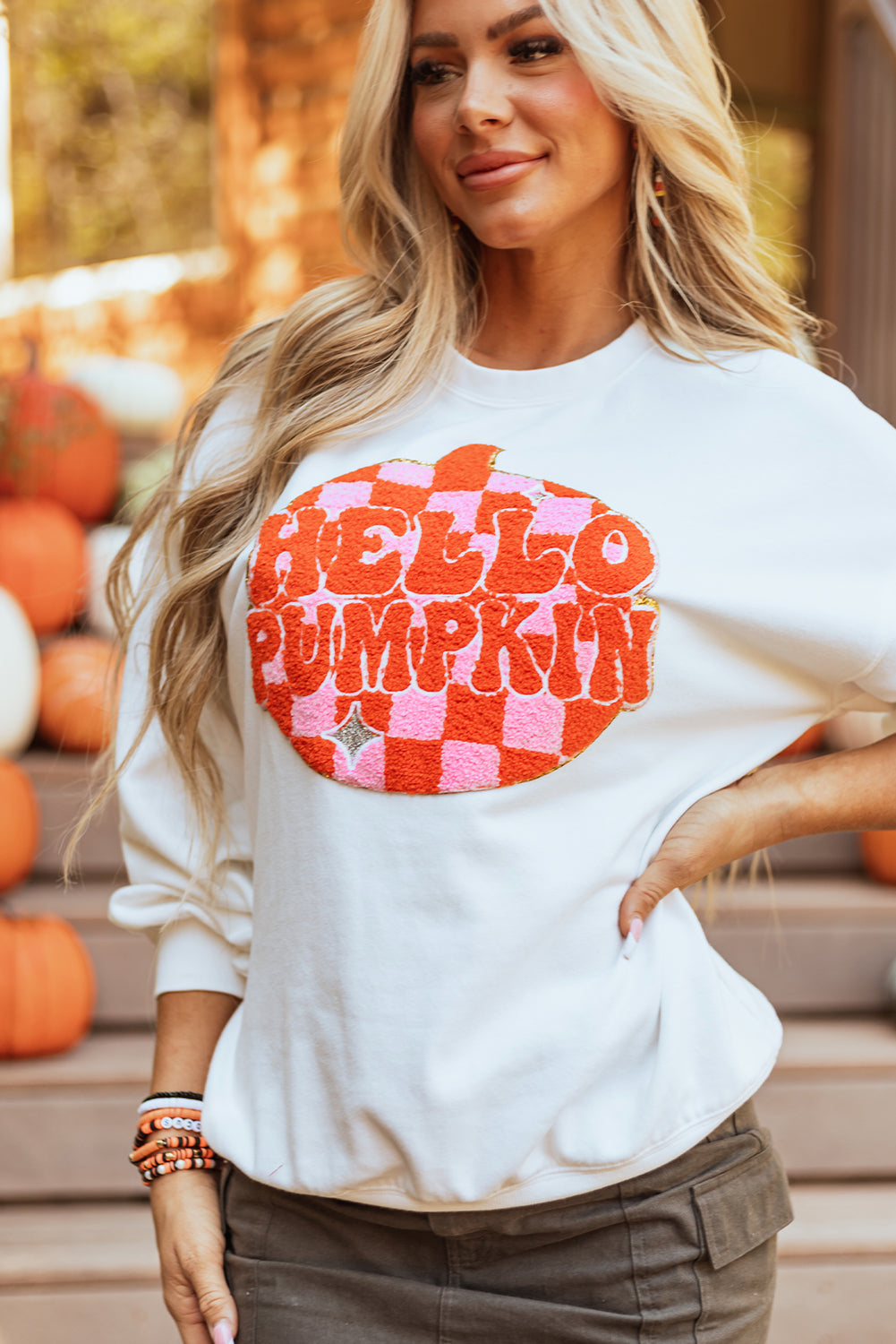 White Terry Halloween Pumpkin Patched Pattern Pullover Sweatshirt